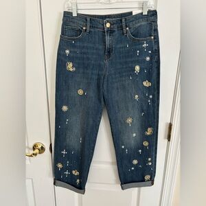Chico's Dark Blue Embellished Cropped Boyfriend Jeans, Size 0